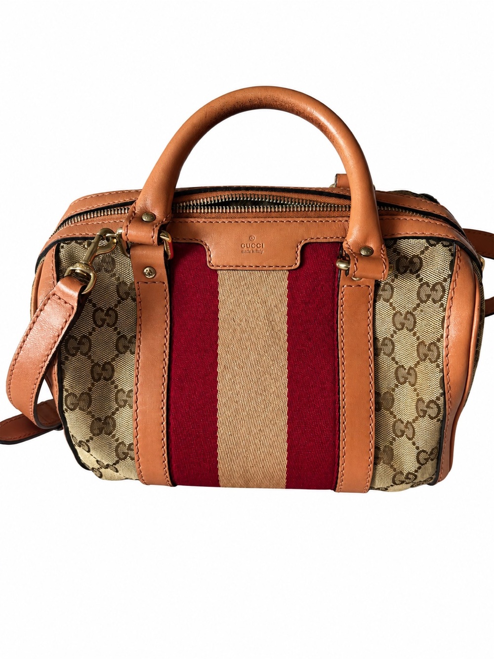 Gucci Beige Monogram Satchel with pink and Red Center Stripe